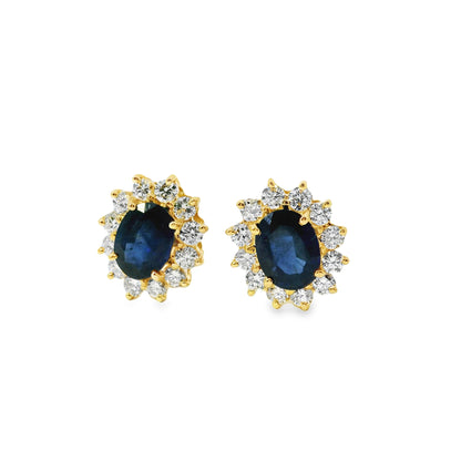14k Yellow Gold 3.05ctw Oval Cut Sapphire and 1.25ctw Round Brilliant Cut Diamond Earrings