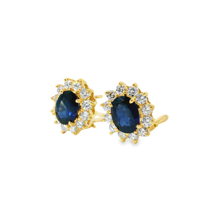 14k Yellow Gold 3.05ctw Oval Cut Sapphire and 1.25ctw Round Brilliant Cut Diamond Earrings