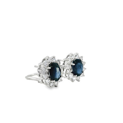 14k White Gold 2.90ctw Oval Cut Sapphire and 1.25ctw Round Diamond Earrings