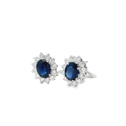 14k White Gold 2.90ctw Oval Cut Sapphire and 1.25ctw Round Diamond Earrings