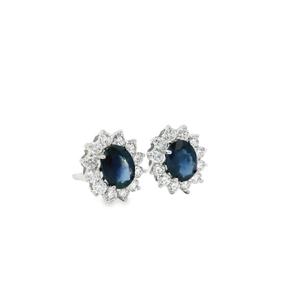 14k White Gold 2.90ctw Oval Cut Sapphire and 1.25ctw Round Diamond Earrings