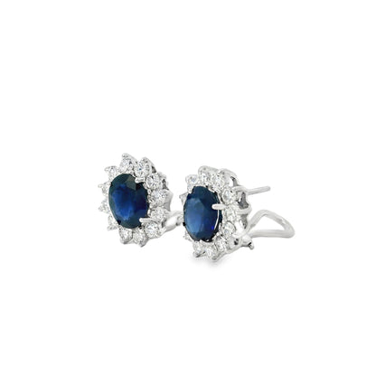 14k White Gold 2.90ctw Oval Cut Sapphire and 1.25ctw Round Diamond Earrings
