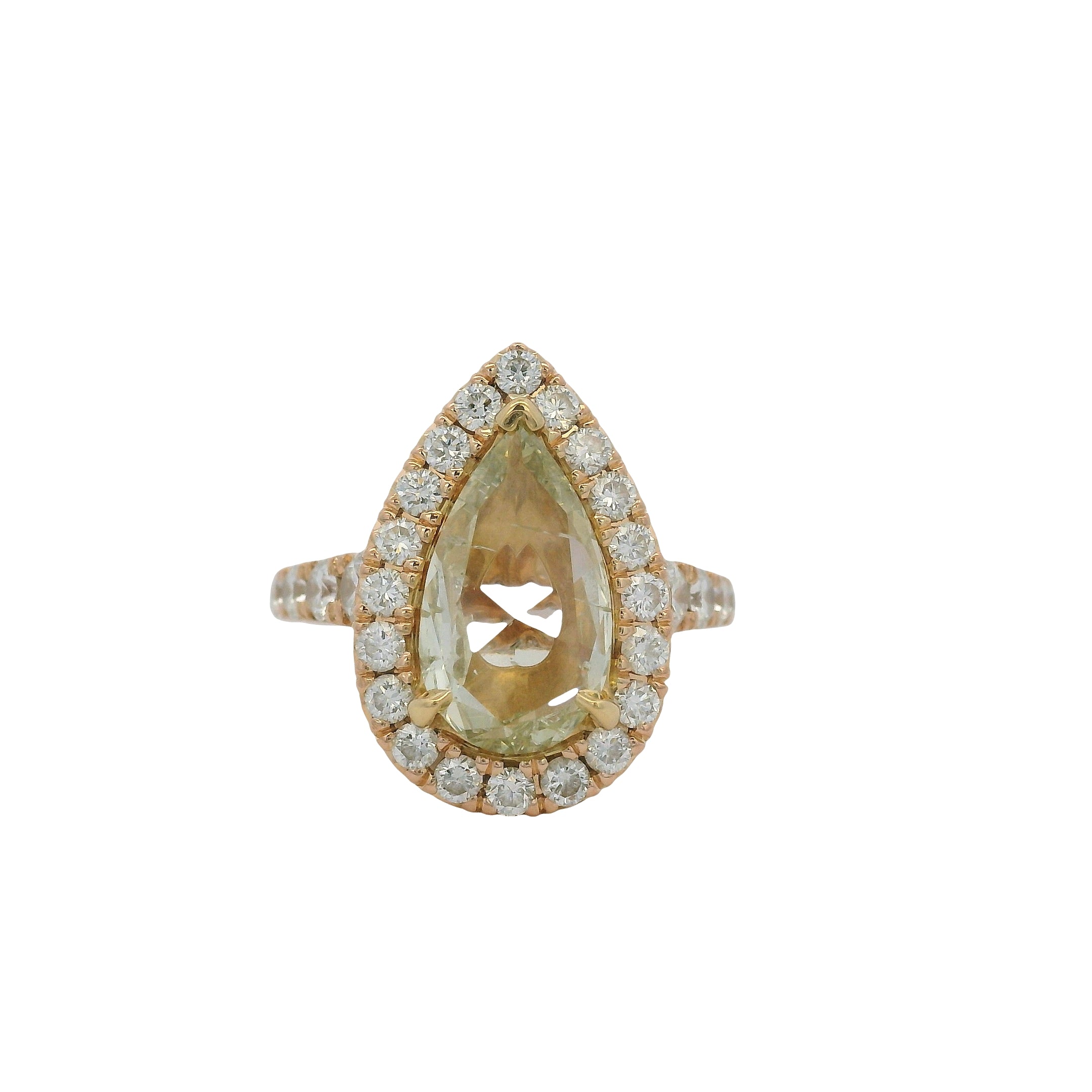 Henri Daussi 18k Rose Gold 2.02ct Fancy Light Yellow Rose Cut Pear Shape Diamond Engagement Ring