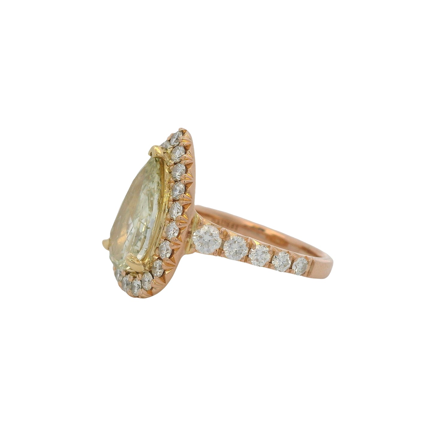 Henri Daussi 18k Rose Gold 2.02ct Fancy Light Yellow Rose Cut Pear Shape Diamond Engagement Ring