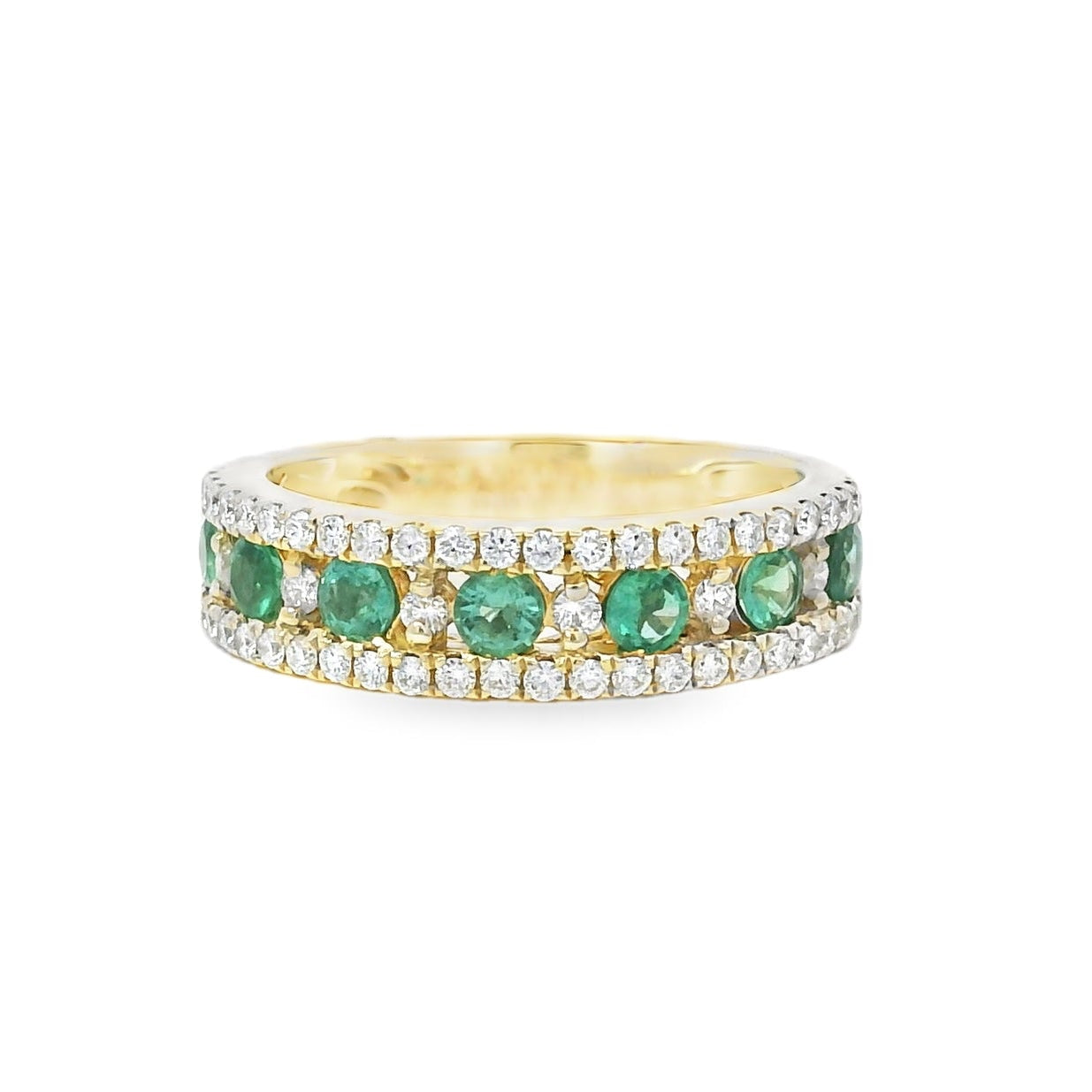 14k Yellow Gold 7 Stone 0.96ctw Emerald and Diamond Pavé Set Ring