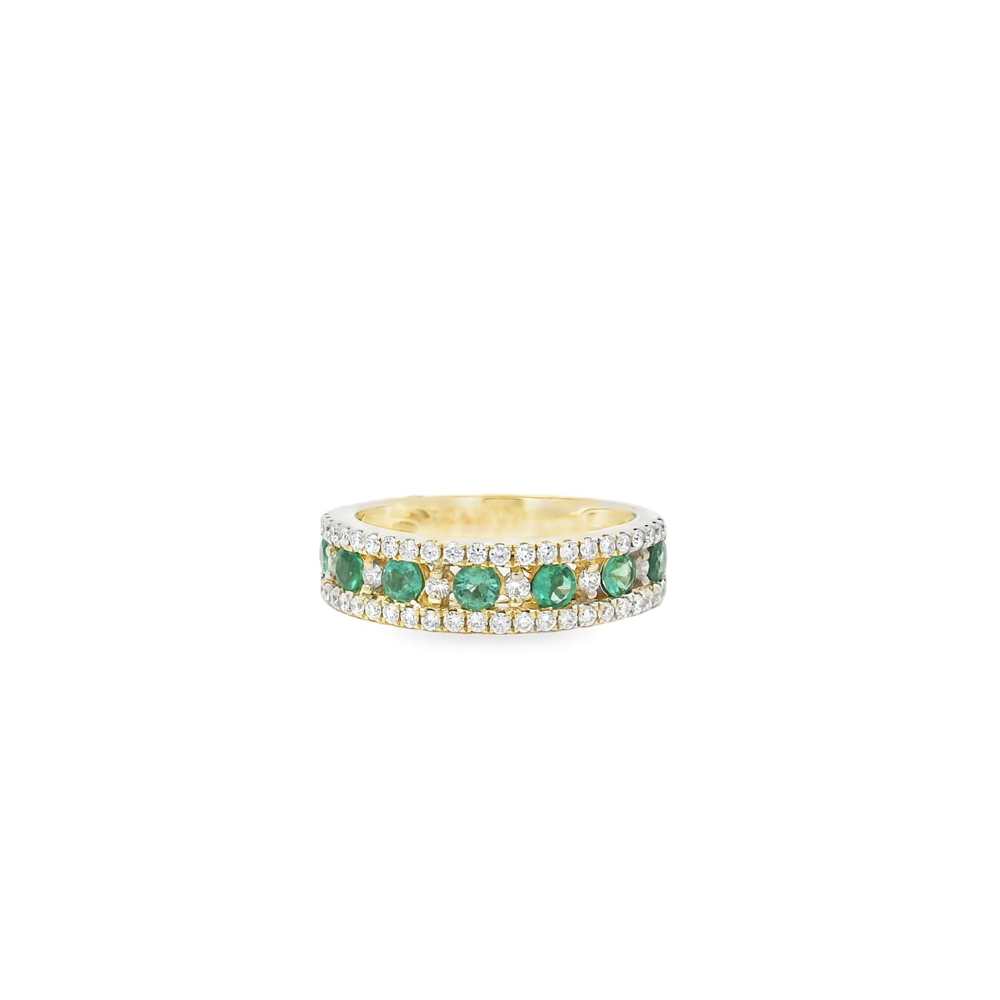 14k Yellow Gold 7 Stone 0.96ctw Emerald and Diamond Pavé Set Ring
