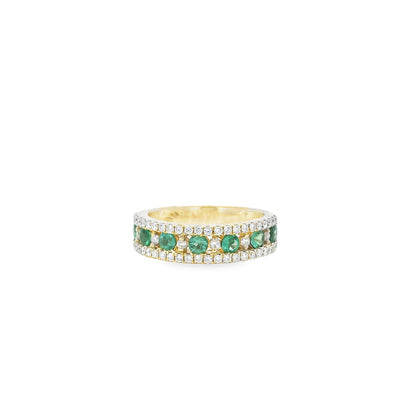 14k Yellow Gold 7 Stone 0.96ctw Emerald and Diamond Pavé Set Ring
