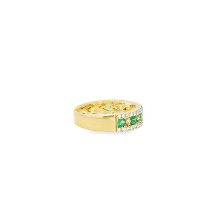 14k Yellow Gold 7 Stone 0.96ctw Emerald and Diamond Pavé Set Ring