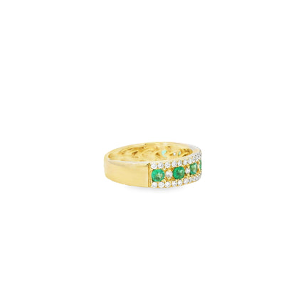 14k Yellow Gold 7 Stone 0.96ctw Emerald and Diamond Pavé Set Ring