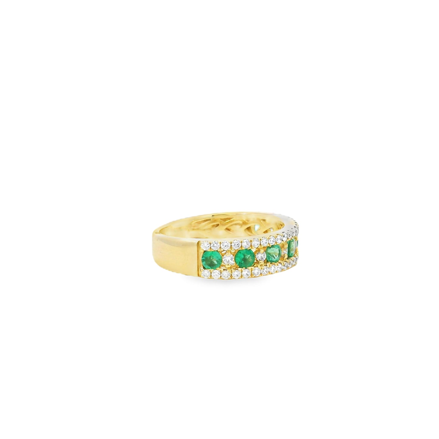 14k Yellow Gold 7 Stone 0.96ctw Emerald and Diamond Pavé Set Ring