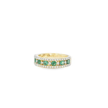 14k Yellow Gold 7 Stone 0.96ctw Emerald and Diamond Pavé Set Ring