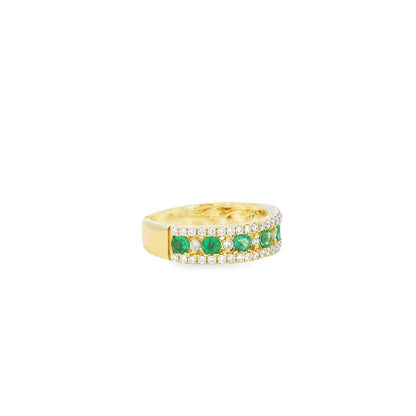 14k Yellow Gold 7 Stone 0.96ctw Emerald and Diamond Pavé Set Ring