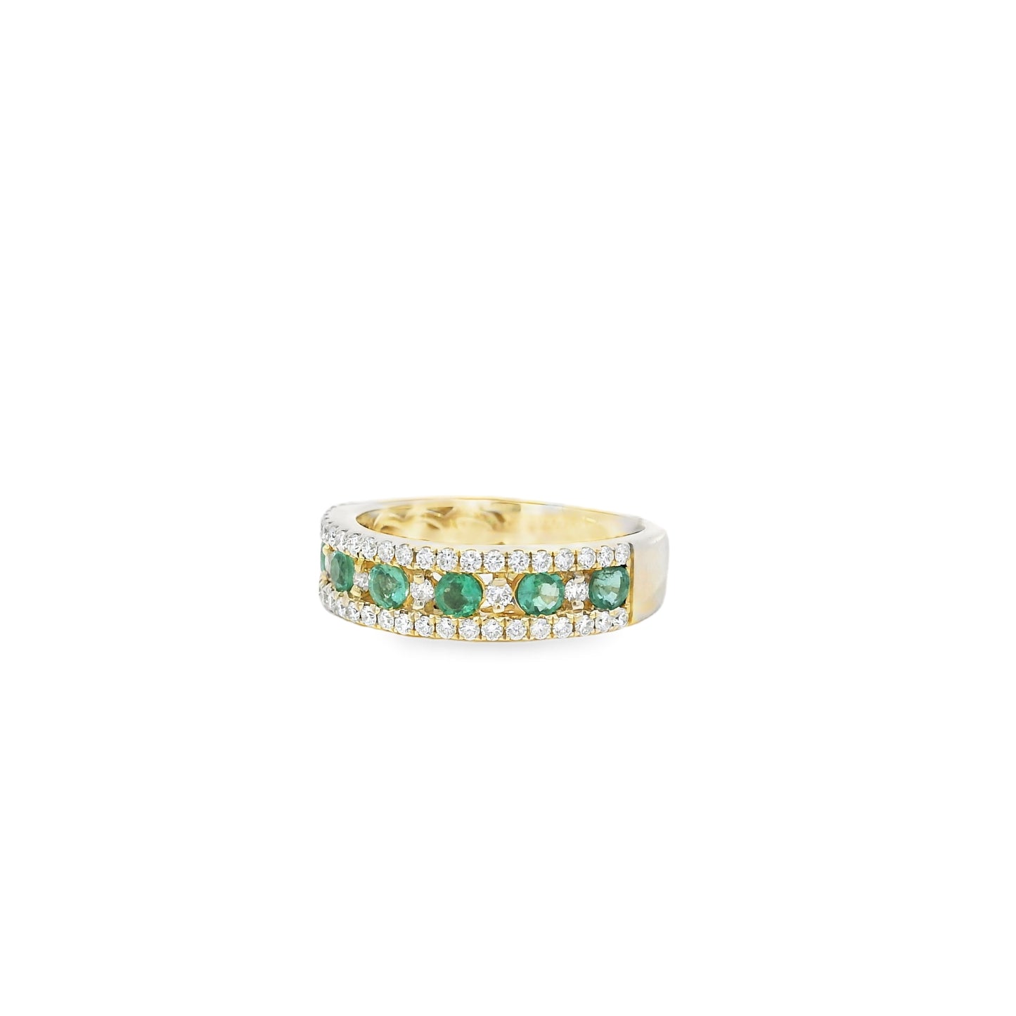 14k Yellow Gold 7 Stone 0.96ctw Emerald and Diamond Pavé Set Ring