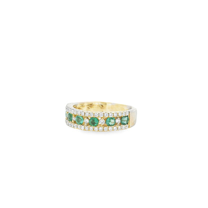 14k Yellow Gold 7 Stone 0.96ctw Emerald and Diamond Pavé Set Ring
