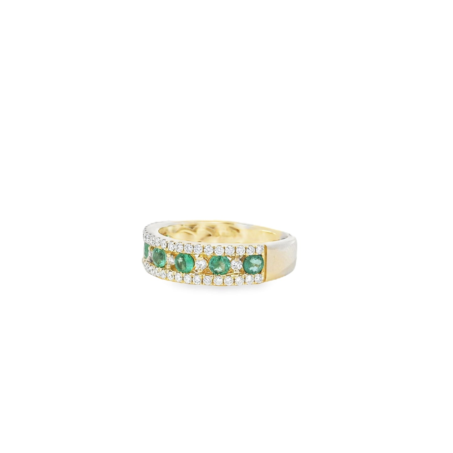 14k Yellow Gold 7 Stone 0.96ctw Emerald and Diamond Pavé Set Ring