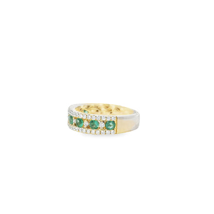 14k Yellow Gold 7 Stone 0.96ctw Emerald and Diamond Pavé Set Ring
