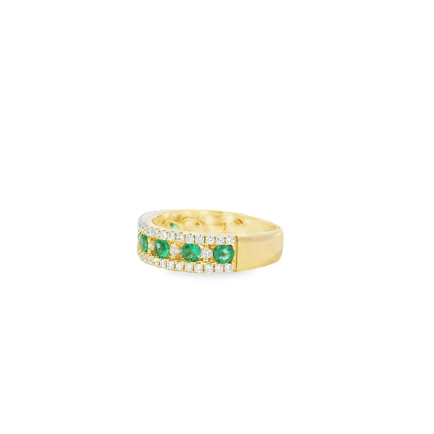 14k Yellow Gold 7 Stone 0.96ctw Emerald and Diamond Pavé Set Ring