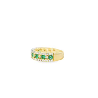 14k Yellow Gold 7 Stone 0.96ctw Emerald and Diamond Pavé Set Ring