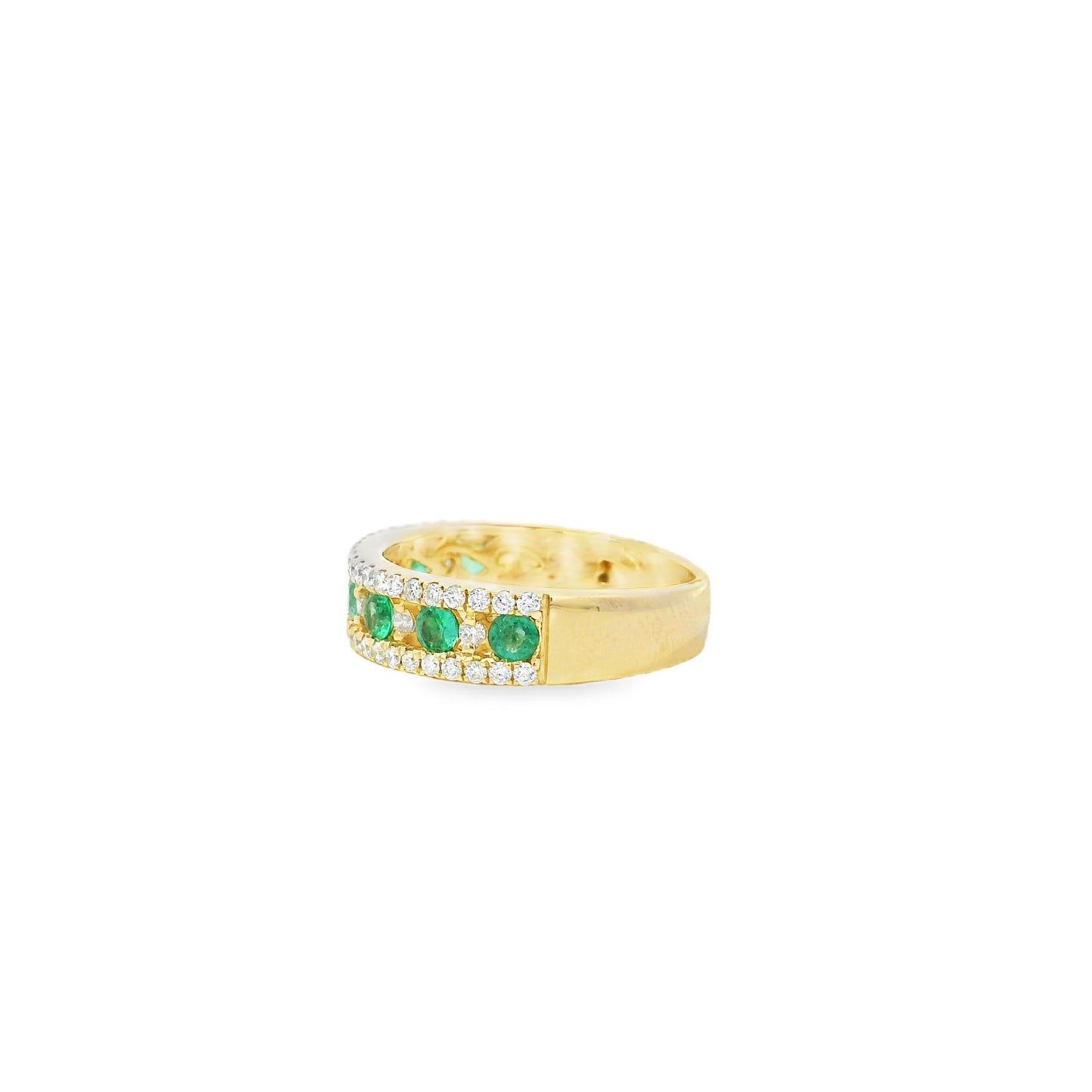 14k Yellow Gold 7 Stone 0.96ctw Emerald and Diamond Pavé Set Ring