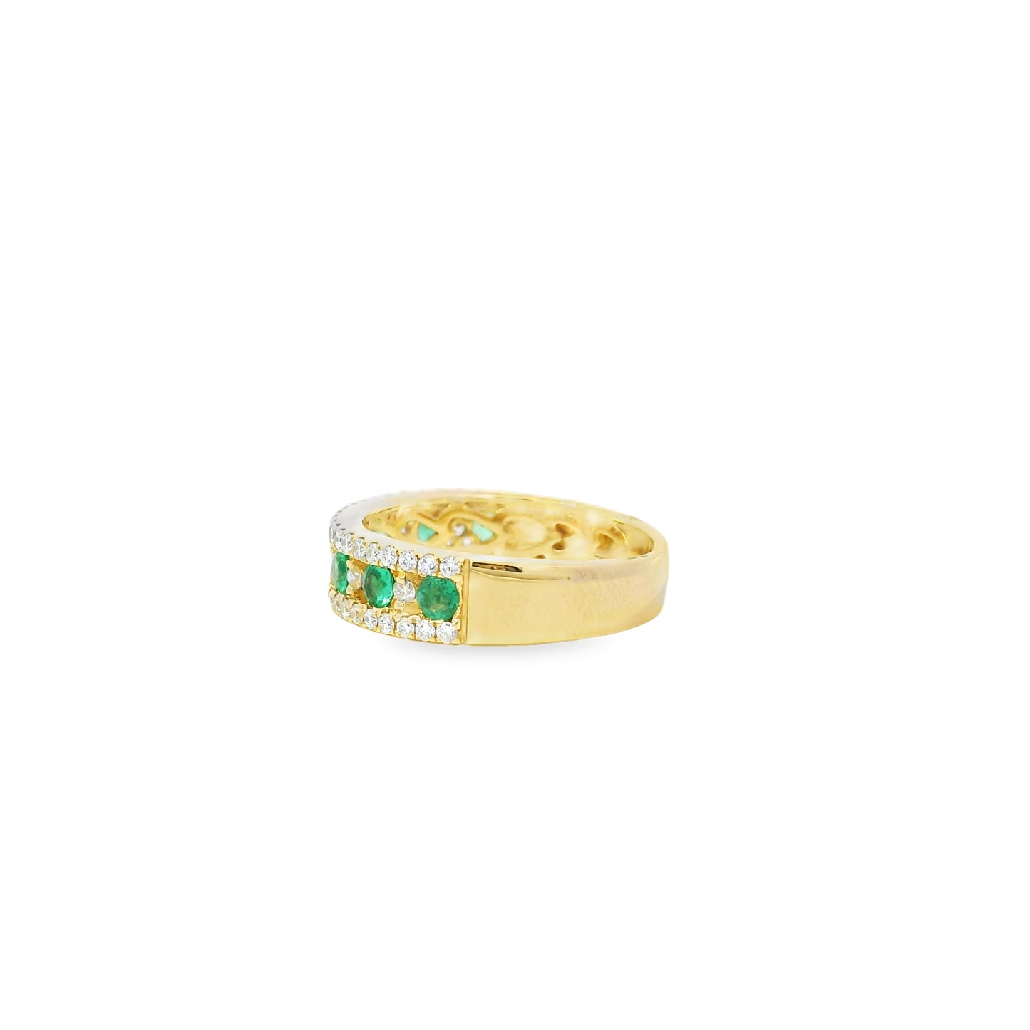 14k Yellow Gold 7 Stone 0.96ctw Emerald and Diamond Pavé Set Ring
