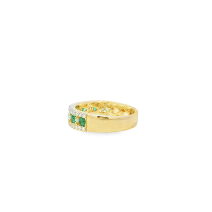 14k Yellow Gold 7 Stone 0.96ctw Emerald and Diamond Pavé Set Ring