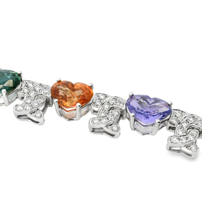 18k White Gold 54.60ct GIA Certified Diamond and Heart Shaped Multi-Color No Heat Sapphire Necklace