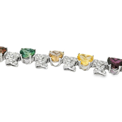 18k White Gold 54.60ct GIA Certified Diamond and Heart Shaped Multi-Color No Heat Sapphire Necklace