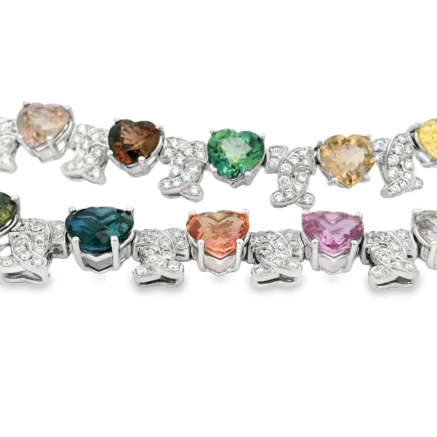 18k White Gold 54.60ct GIA Certified Diamond and Heart Shaped Multi-Color No Heat Sapphire Necklace