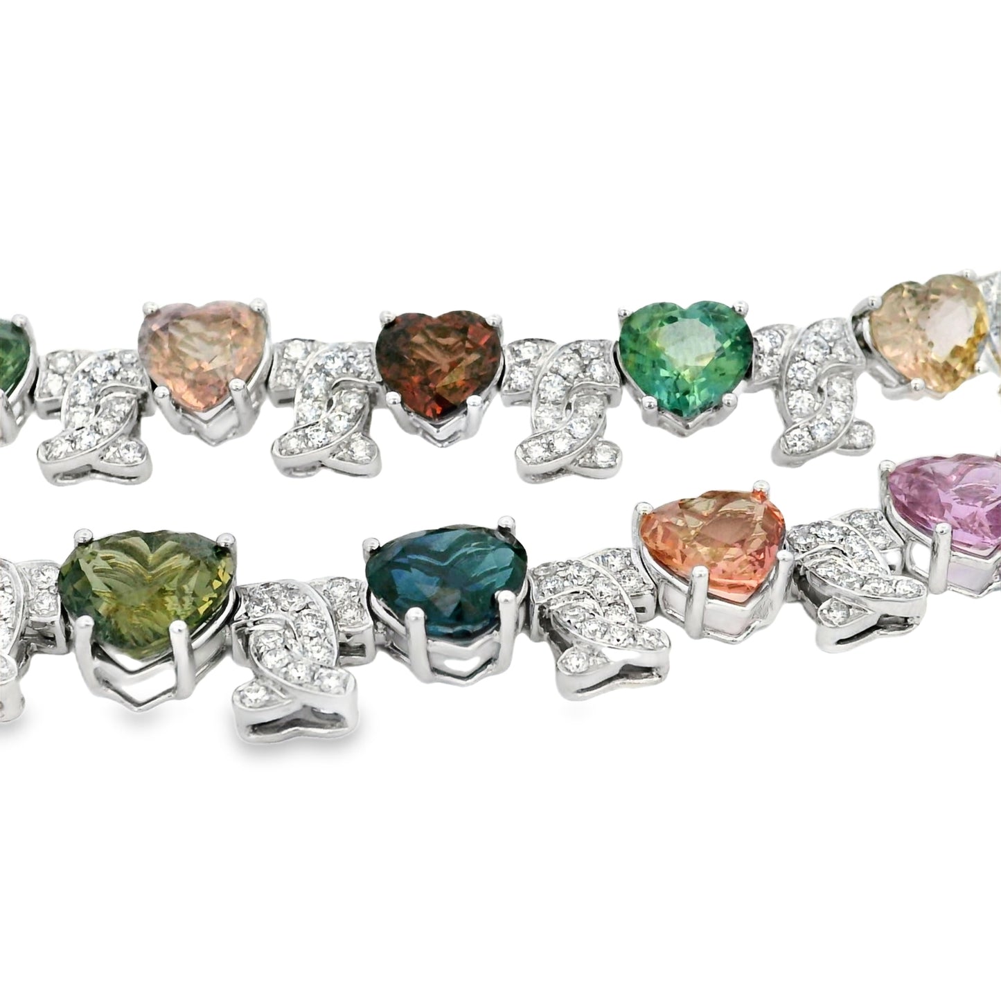 18k White Gold 54.60ct GIA Certified Diamond and Heart Shaped Multi-Color No Heat Sapphire Necklace