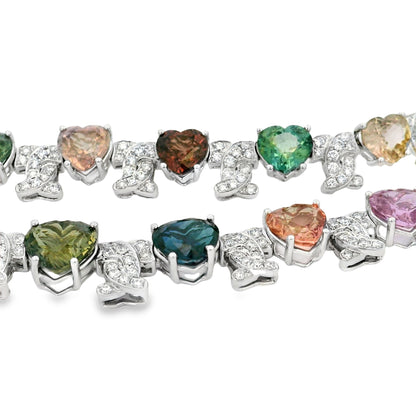 18k White Gold 54.60ct GIA Certified Diamond and Heart Shaped Multi-Color No Heat Sapphire Necklace