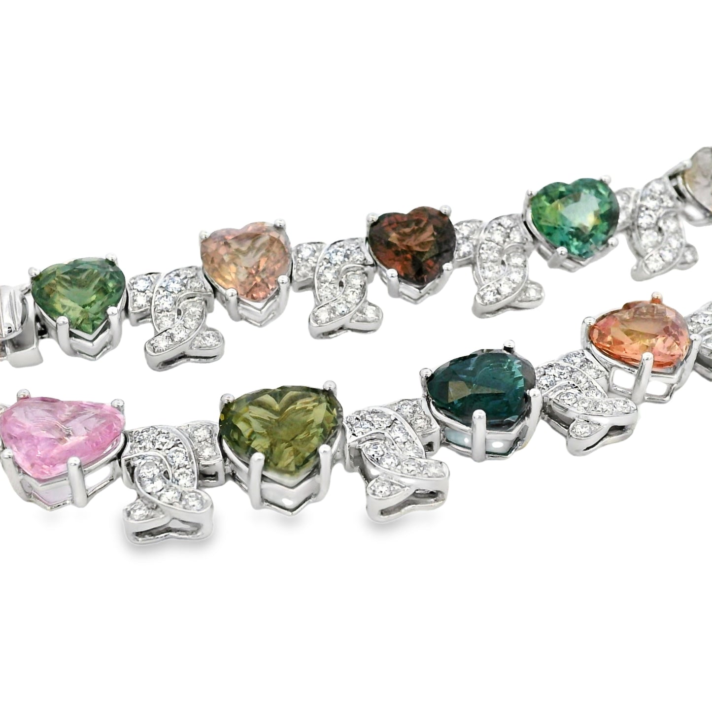 18k White Gold 54.60ct GIA Certified Diamond and Heart Shaped Multi-Color No Heat Sapphire Necklace