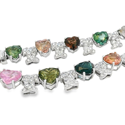 18k White Gold 54.60ct GIA Certified Diamond and Heart Shaped Multi-Color No Heat Sapphire Necklace