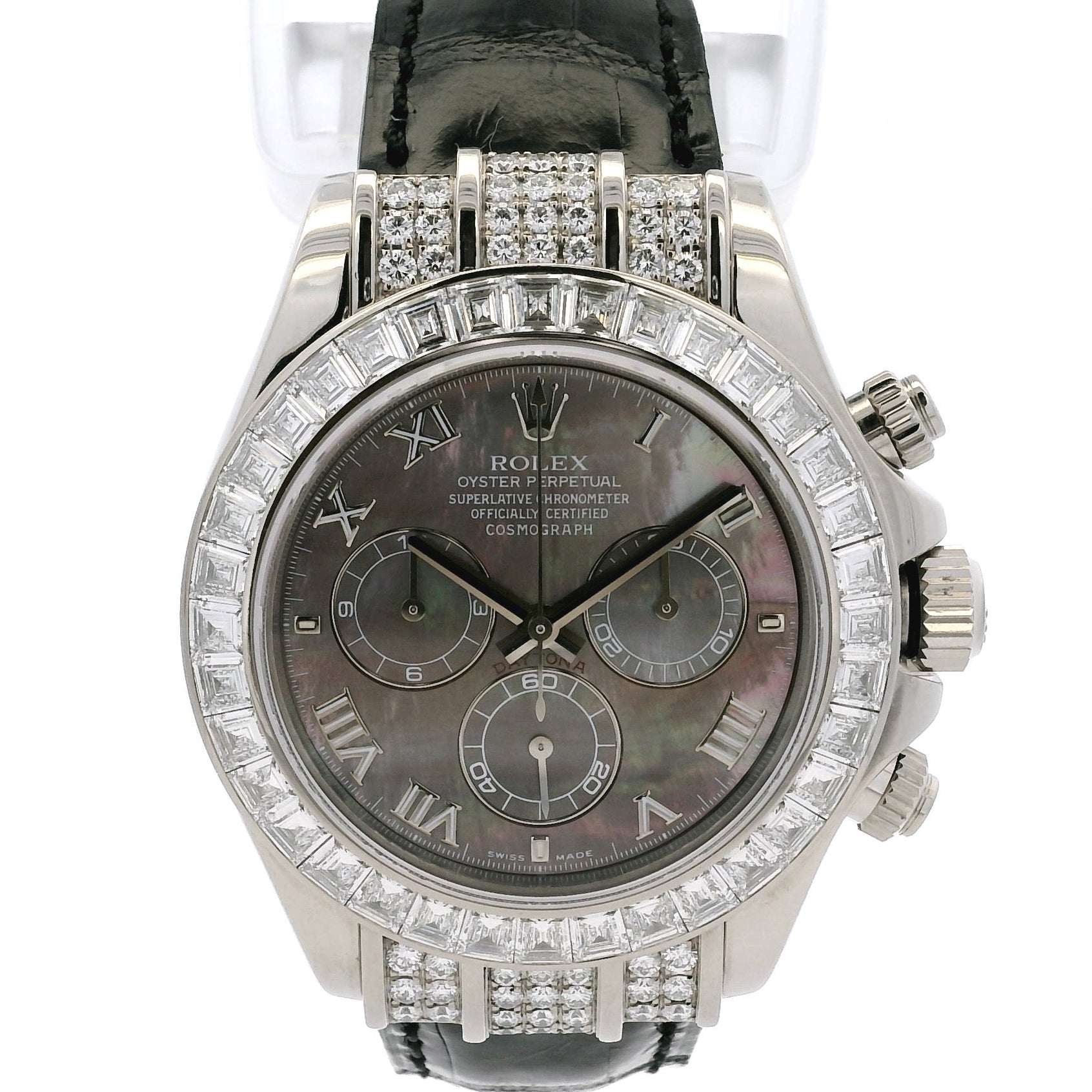Rolex 116599TBR Factory Baguette Diamond Bezel and Roman Mother of Pearl Dial Watch