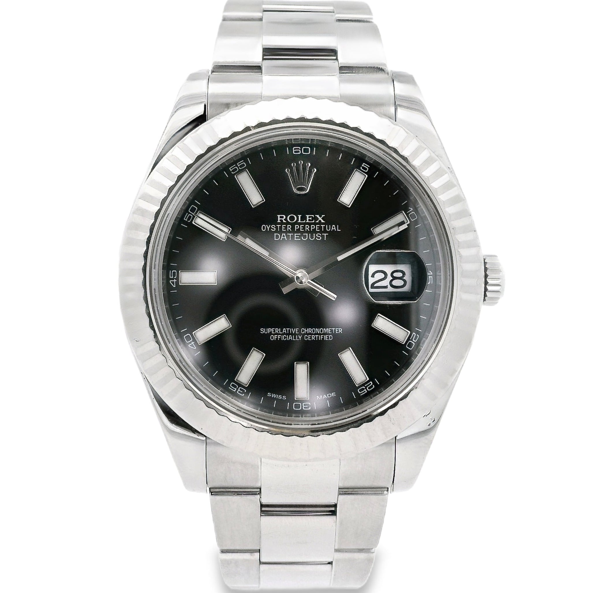 Silver watch with black dial on a white background
