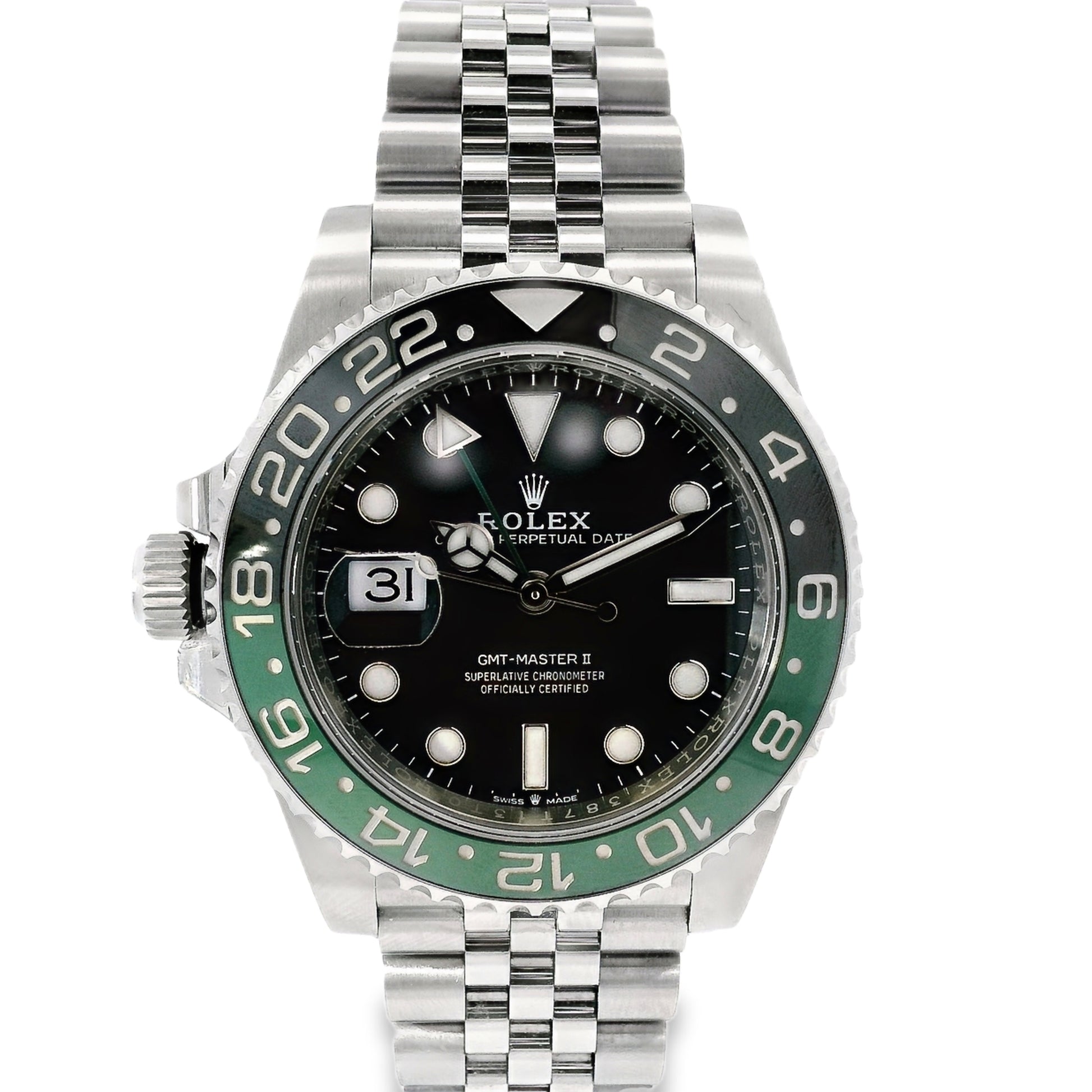 Rolex watch with black face and green bezel on a white background