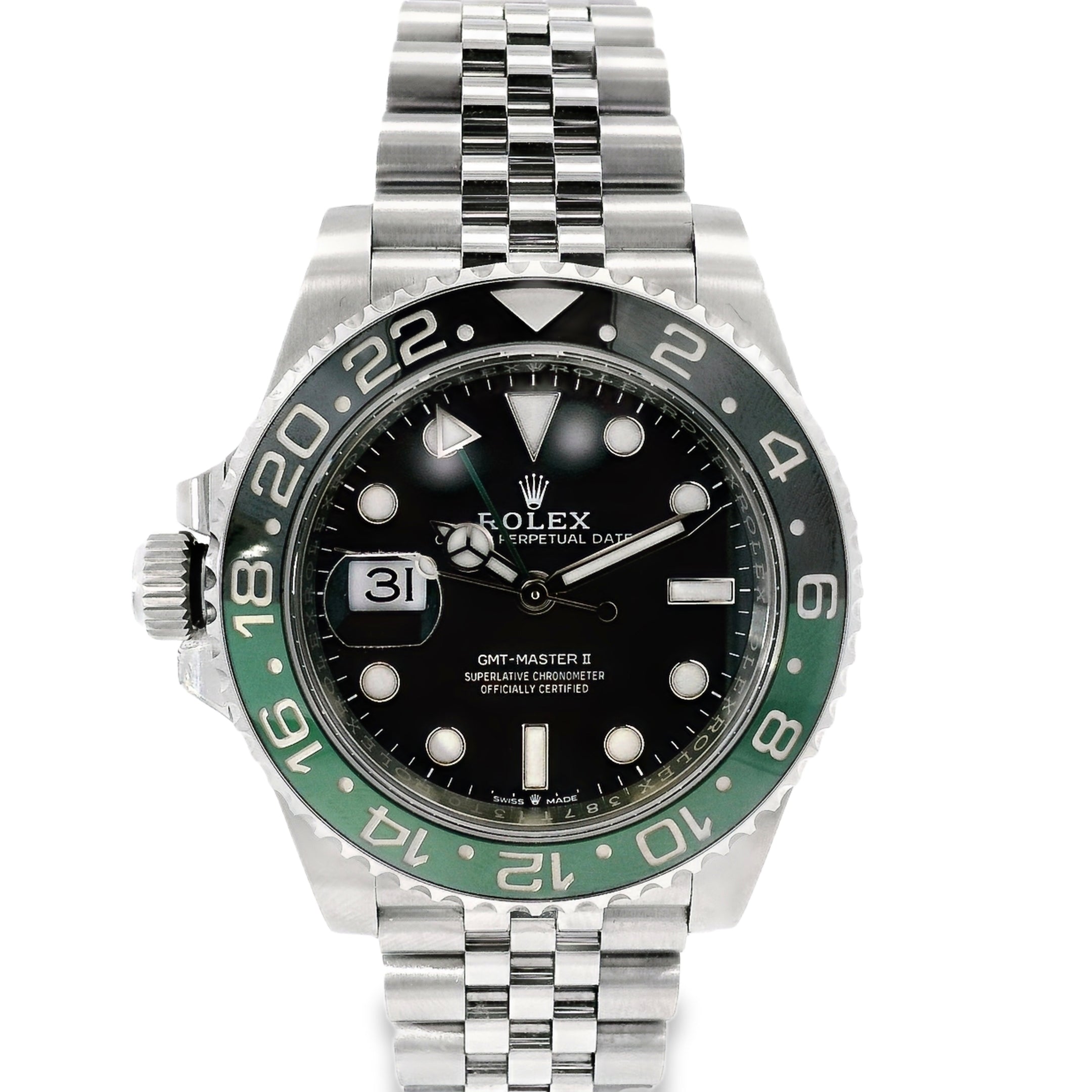 Rolex watch with black face and green bezel on a white background