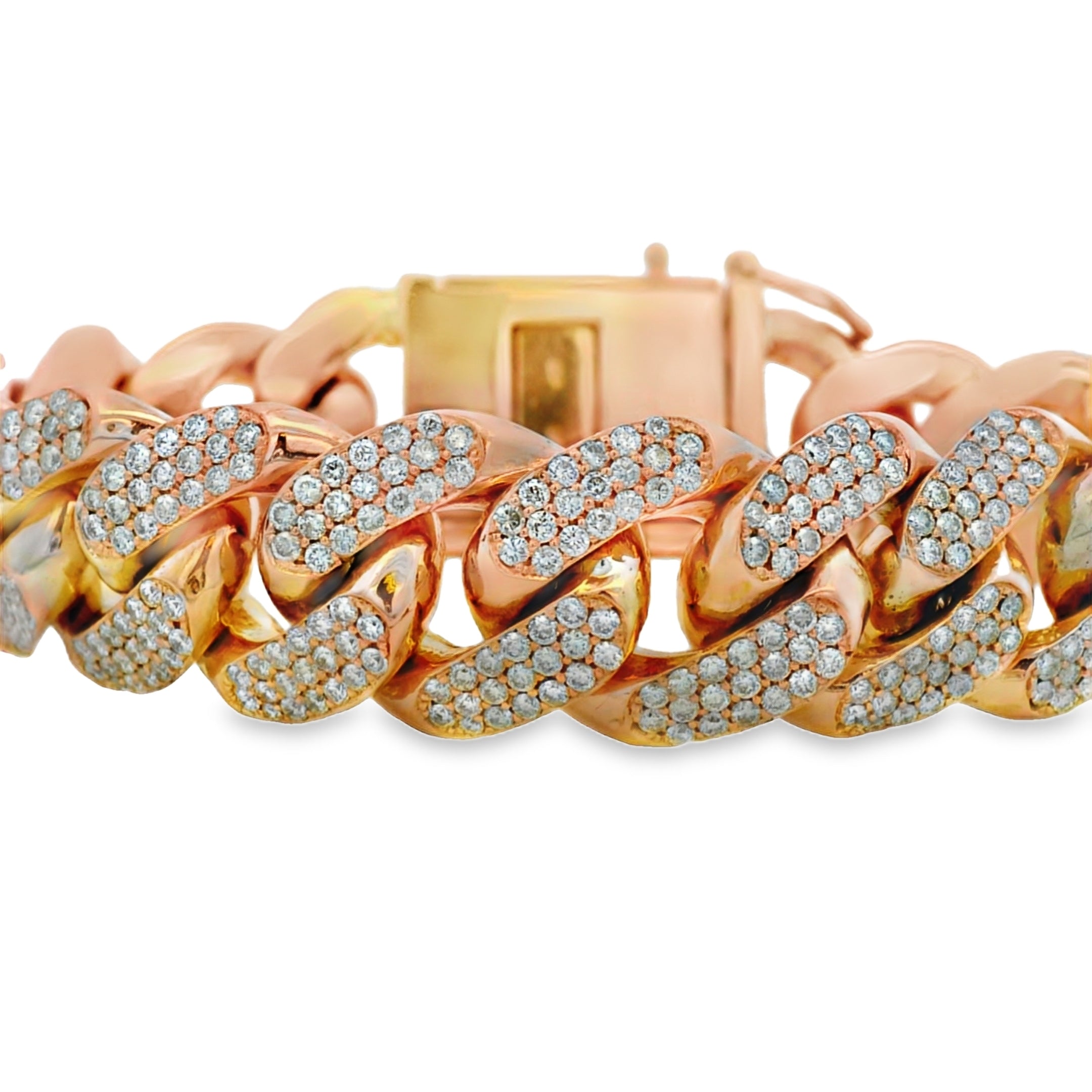 14K Rose Gold 14.80ctw Natural Round Brilliant Diamond-Set Cuban Link Chain Bracelet