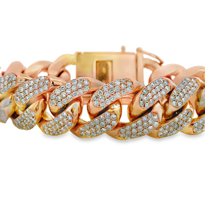 14K Rose Gold 14.80ctw Natural Round Brilliant Diamond-Set Cuban Link Chain Bracelet