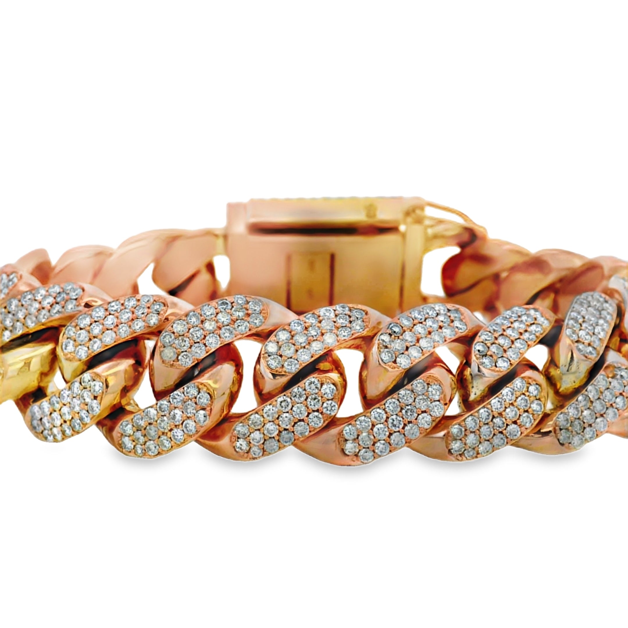 Rose gold bracelet with diamond accents on a white background