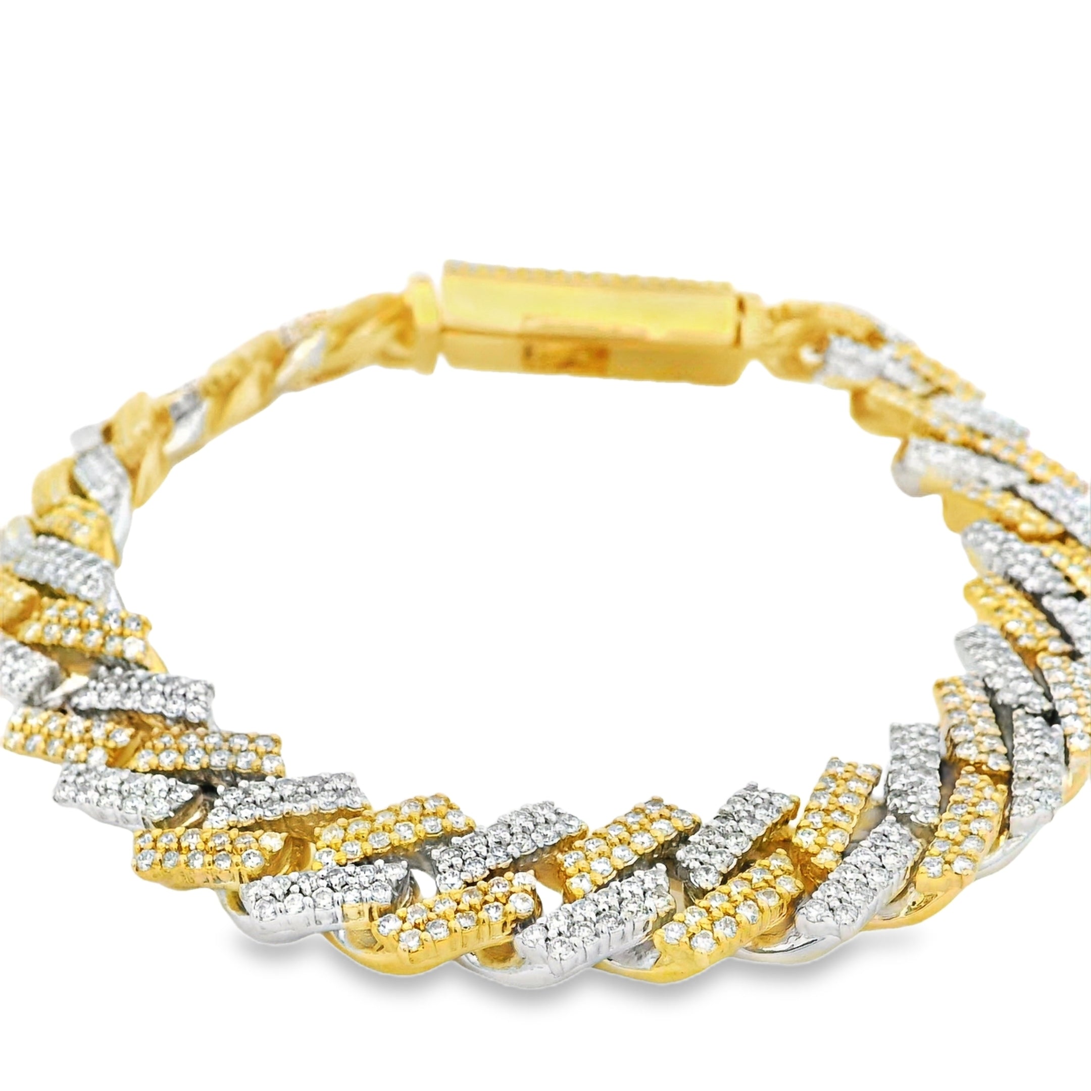 10K Yellow and White Gold 9.55ctw Natural Round Brilliant Diamond-set Cuban Link Chain Bracelet