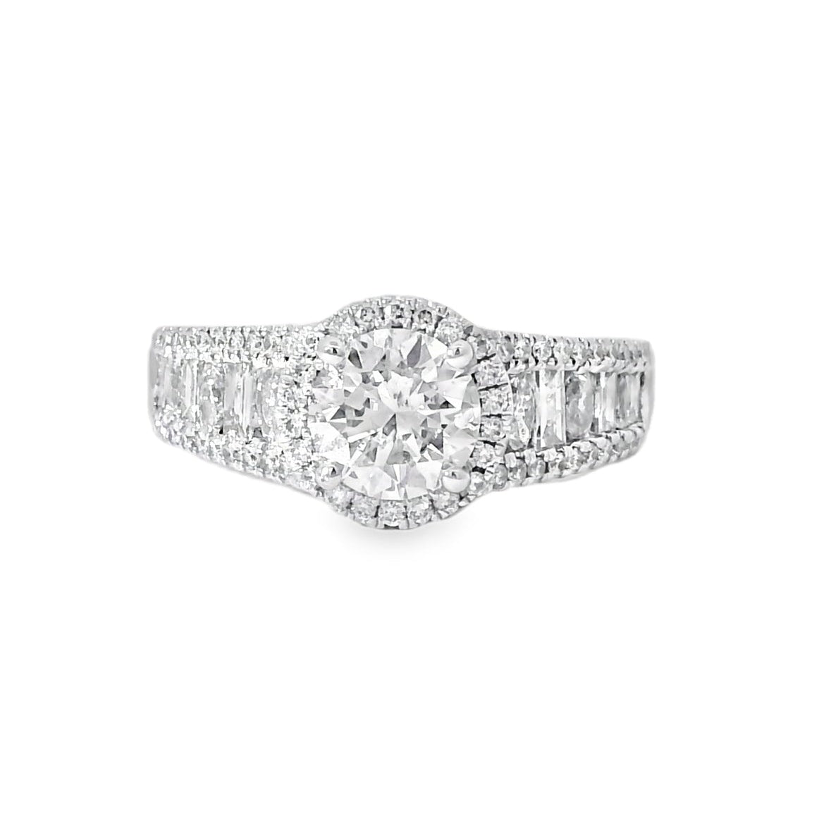 18k White Gold 1.00ctw Round Brilliant Natural Diamond Halo and Baguette-Cut Ring