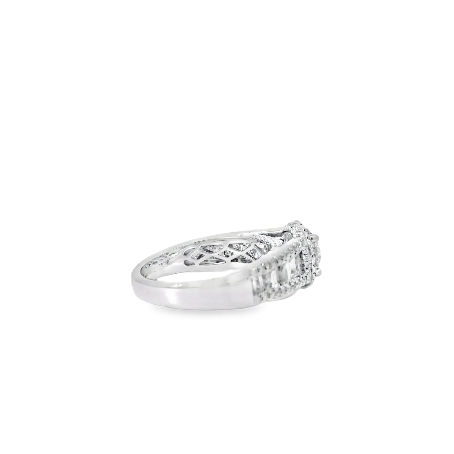 18k White Gold 1.00ctw Round Brilliant Natural Diamond Halo and Baguette-Cut Ring