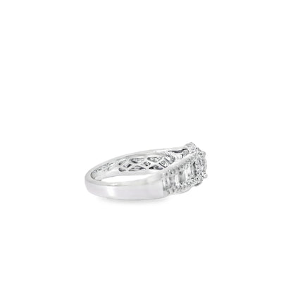 18k White Gold 1.00ctw Round Brilliant Natural Diamond Halo and Baguette-Cut Ring