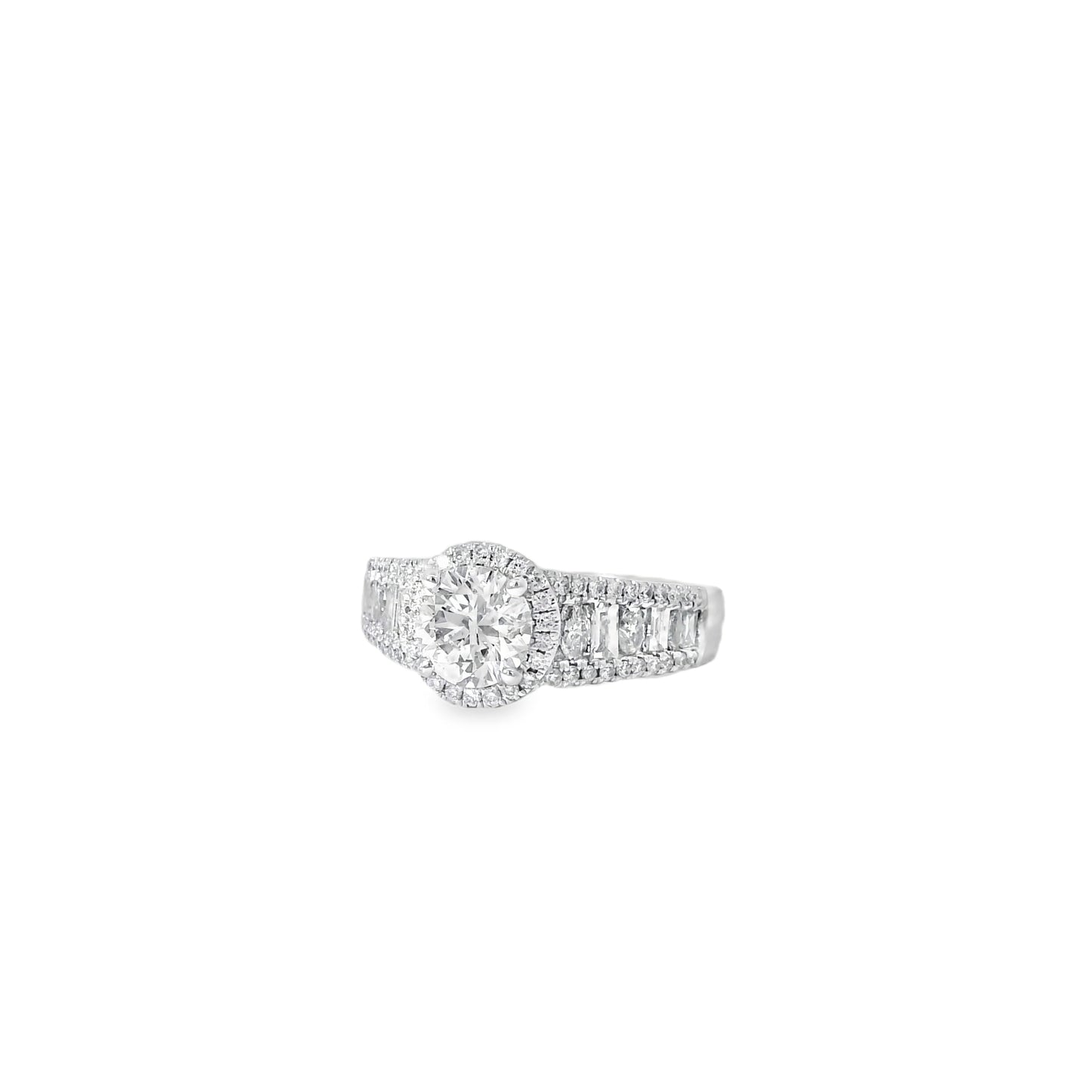 18k White Gold 1.00ctw Round Brilliant Natural Diamond Halo and Baguette-Cut Ring