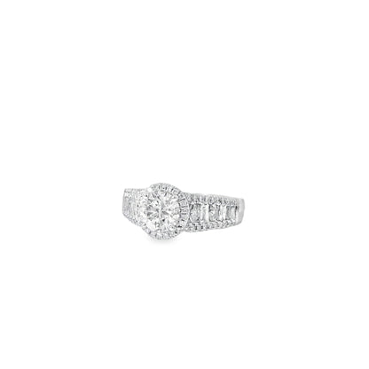 18k White Gold 1.00ctw Round Brilliant Natural Diamond Halo and Baguette-Cut Ring