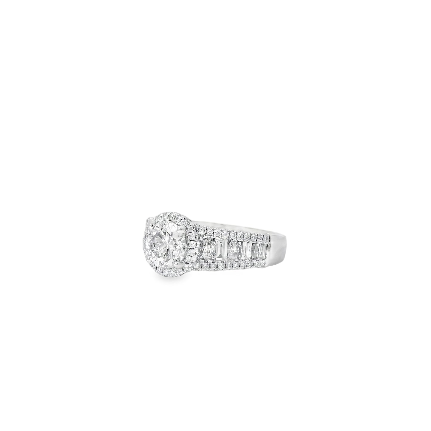 18k White Gold 1.00ctw Round Brilliant Natural Diamond Halo and Baguette-Cut Ring