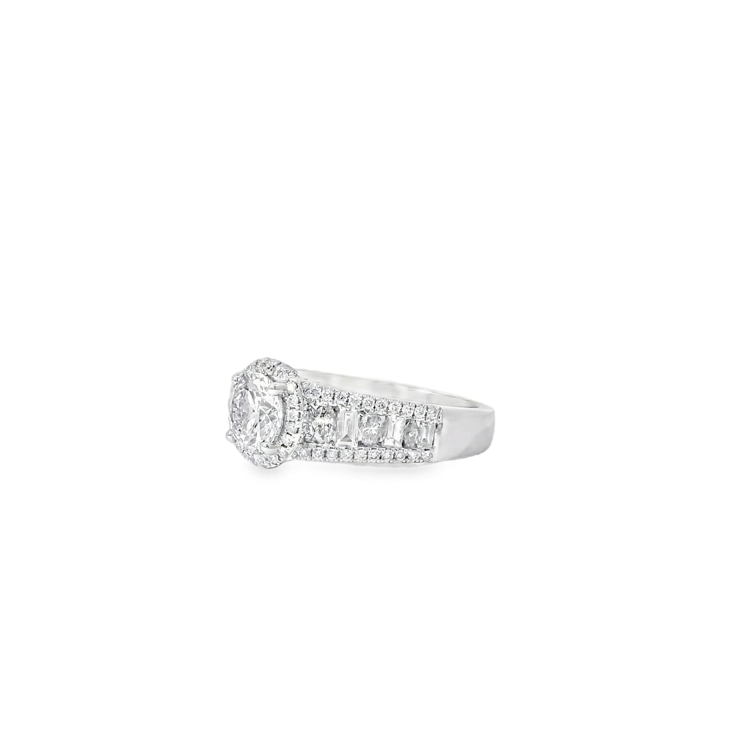 18k White Gold 1.00ctw Round Brilliant Natural Diamond Halo and Baguette-Cut Ring