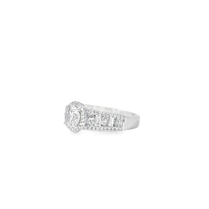 18k White Gold 1.00ctw Round Brilliant Natural Diamond Halo and Baguette-Cut Ring