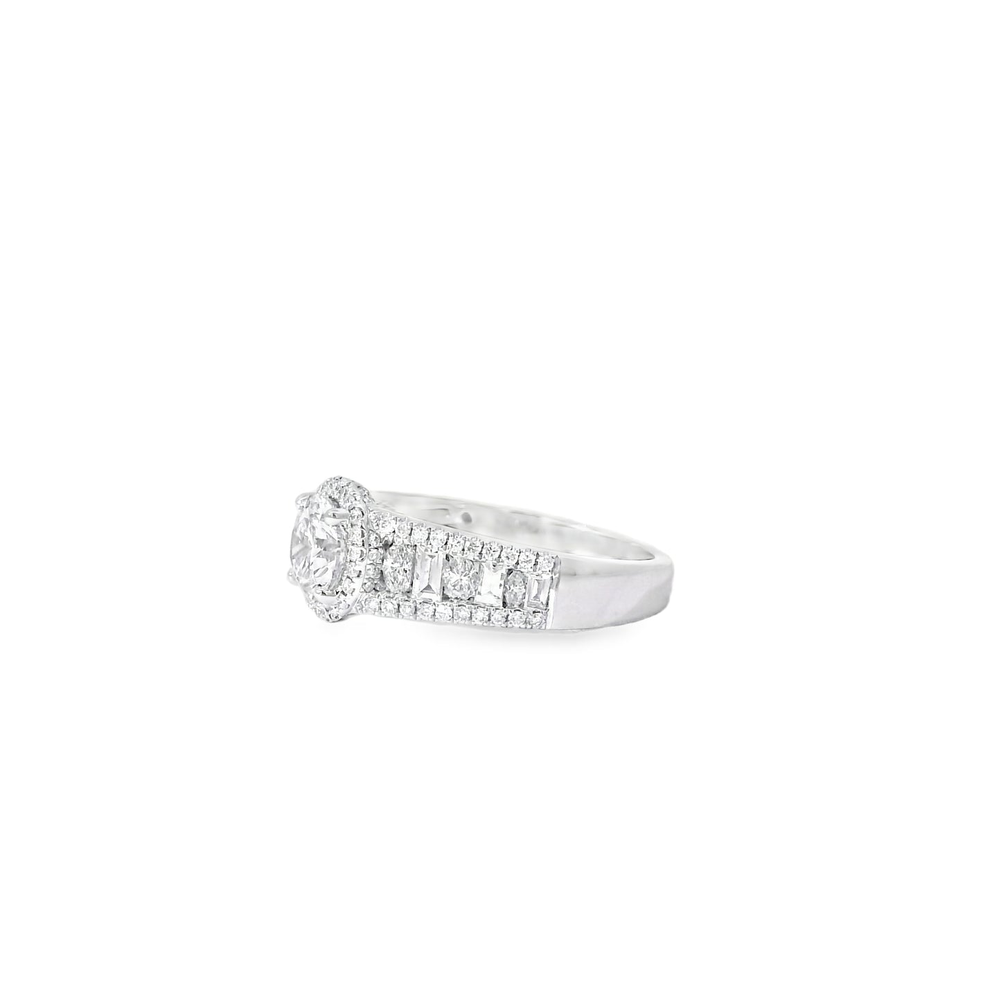 18k White Gold 1.00ctw Round Brilliant Natural Diamond Halo and Baguette-Cut Ring