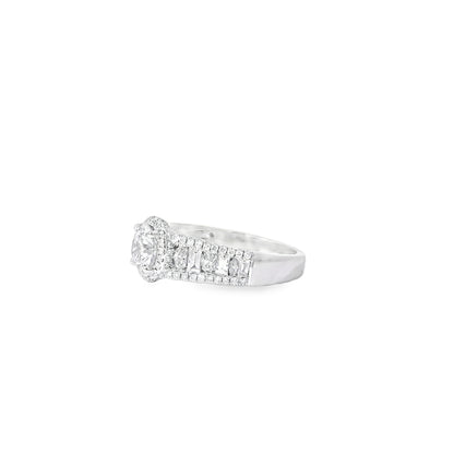 18k White Gold 1.00ctw Round Brilliant Natural Diamond Halo and Baguette-Cut Ring